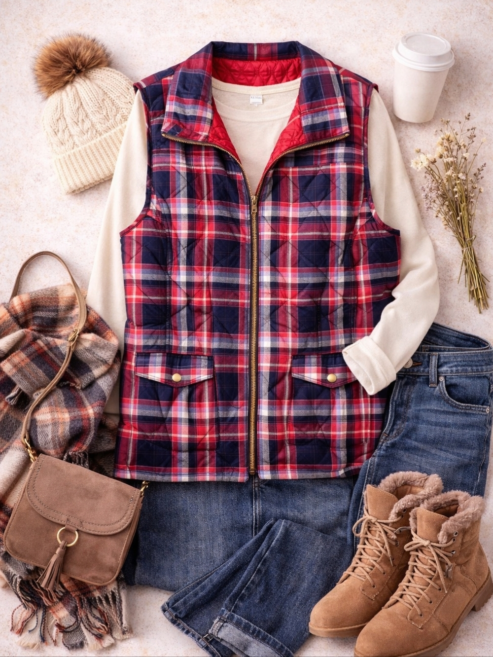 Southern Lady Plaid Quilted Vest Red Navy Zip Pockets Size 3X Spring Layer